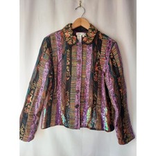 Vtg Silk Patchwork Jacket Boho Art Coldwater Creek Wool Floral Embroidery Purple picture