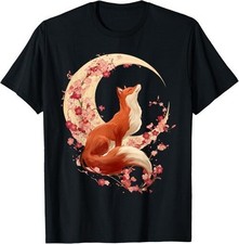 Japanese Fox Kitsune Crescent Moon Cherry Blossoms Black T-Shirt picture