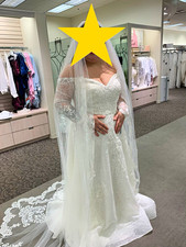Oleg Cassini Ivory Off-Shoulder Lace Long Sleeve A-Line Wedding Dress 16W picture