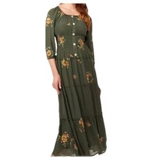 Fig and Flower Embroidered Smocked Tiered Ruffle Maxi Dress Small Boho Hippie picture