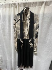 Vintage 70s Leonard Paris Silk Jersey Maxi Dress Black Cream Pleated Scarf Belt  picture