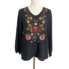 Jodifl Embroidered Floral Boho Peasant Blouse Womens Large Black Folk Top picture