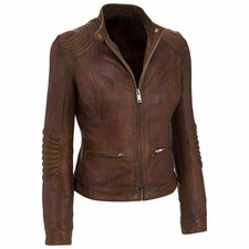 Women Cafe Racer Moto Biker Distressed Brown Vintage Real Leather Jacket picture