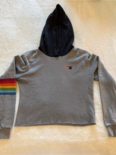 Aviator Nation Gray Sweatshirt with Black Hood and Rainbow Stripe Sleeve picture