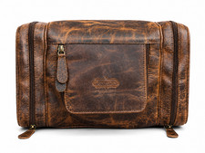 Large Full Grain Leather Dopp Kit Shaving Toiletry Travel Bag Brown picture