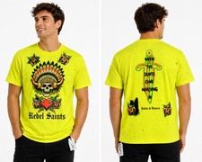 Rebel Saints Neon Yellow Marching In Graphic Skull Roses T-Shirt NWT L300 Sz M picture