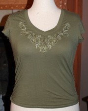 Large NWOT a.n.a. Green Embroidered Trim Cap Sleeve Cotton Tee picture