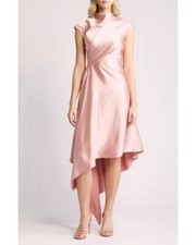 Amsale Rose Pink Drape Asymmetric Hem Satin Cocktail Dress Size 6 $595 picture