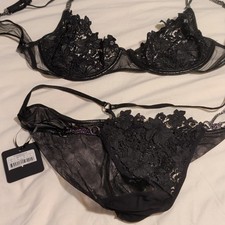 Honey Birdette RARE Fiorella Black Lace Bra & Panty Lingerie Set, Size 14C /L picture
