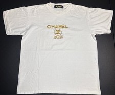 Vintage Chanel Paris Big Logo Gold Embroidery Tee T-Shirt Single Stitch Read picture