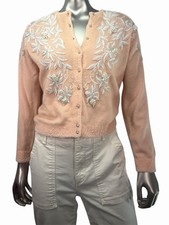 Vintage 1950s Angora Hand-Beaded Peach Cardigan Coquette Balletcore picture