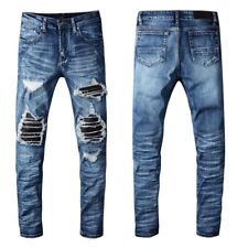Men's Ripped Patchwork Skinny Fit Pleated Stretch Denim Blue Distressed Jeans picture