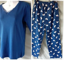 Charter Club Blue White Pajama Set Long Sleeve Long Pants Dogs  Small 42
