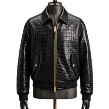 Men's Crocodile Embossed Leather Jacket Black Luxury Bomber Gold Zipper Jacket picture