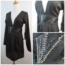 NWT NBD Revolve Black Satin Embellished Low V Neck Long Sleeve Dress Womens sz S picture