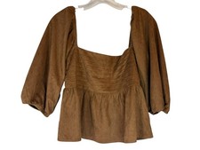 Francesca’s Brown Faux Suede Peplum Top Large Puff Sleeve Boho Western NWT picture