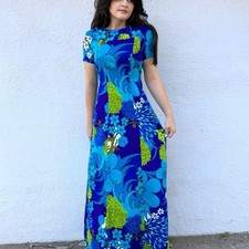 Vintage 60s Hawaiian Floral Maxi Dress Waterfall Back Blue Green Dayglo M L picture
