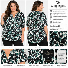 Worthington Women's 2X Green Black Abstract Floral Roll Tab Sleeve Blouse NWT picture