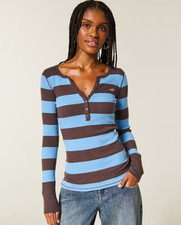 Hollister Icon Henley - brown blue stripe NEW picture