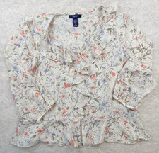CHAPS Top Blouse Women XL Beige Floral Ruffle 3/4 Sleeve Feminine Cottage Forest picture
