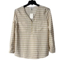 NWT Calvin Klein Womens Long Roll Tab Sleeve Beige White Zipped Top Shirt Medium picture