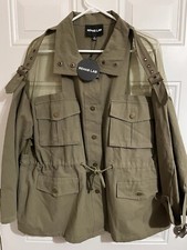 NWT Rehab Lab Women’s Field Jacket Military Snap Button Sheer Shoulder Green S picture