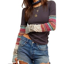We The Free All In Cuff Thermal Knit Patchwork Sleeves Top Washed Black XL NWT picture
