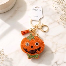 Sparkly Rhinestone Halloween Jack O Lantern Keychain Pumpkin Purse Charm Tassel picture
