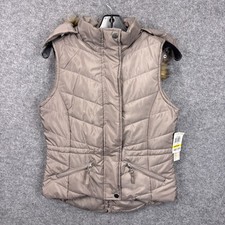 American Rag Puffer Vest Size M Cinder Taupe Faux Fur Hood Removable Quilted NEW picture