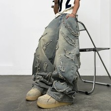 Y2K Frayed Patch Baggy Jeans Mens Wide Leg Vintage Wash Distressed Hip Hop Denim picture