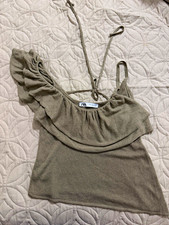 Zara Women’s Green Off-Shoulder Ruffle Cropped Knit Top Spaghetti Strap S picture