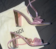 Authentic Fendi Delfina Heel Strap Sandals Pink Metallic Leather FF Sequin  picture