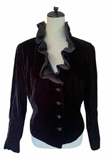 Vintage Patra Black Velvet Jacket Satin Ruffle Trim Evening Formal Blazer 90s picture