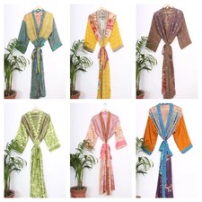 Indian 5 PC Women Handmade Silk Sari Vintage Bath Robe Casual Kimono Dress Gown picture