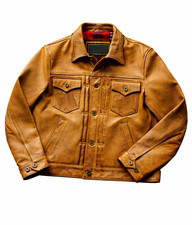 Men’s Full Grain Cowhide Leather Trucker Jacket Vintage 60s Western Waxed Brown picture