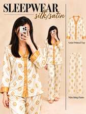 Women’s Silk Satin Pajama Set L Ivory/Gold Logo V-Neck Button-Up Long Sleeve picture