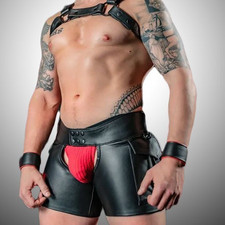 Men black genuine Leather Shorts Chaps Club Wear Handmade Leather Shorts chaps picture