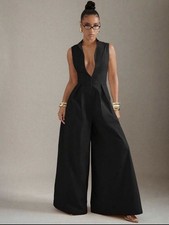 Women's Black Sleeveless Solid Wide-Leg V-Neck Zip Front Jumpsuit Size S to xL picture