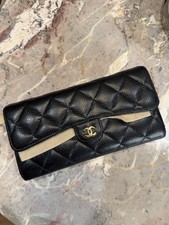100% Auth. CHANEL Classic Long Flap Wallet Black Quilted Caviar Gold Hardware picture