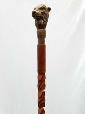 Vintage Lion Head Handle Walking Stick Carved Hand Design Wooden Brown Cane Gift picture