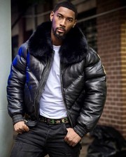 Mens V Bomber Quilted Puffer Black Real Leather Winter Jacket Fur Collar picture