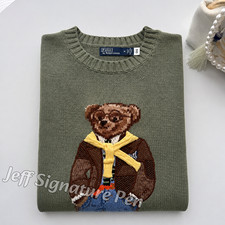 POLO RALPH LAUREN Olive Green Teddy Bear Cotton Sweater Men Small NWT picture