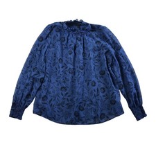 Ann Taylor Blue Floral Ruffle Neck Smocked Cuff Blouse Small picture