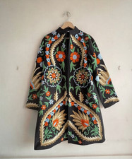 Vintage Suzani Embroidered Black Coat Long Jacket Duster Kaftan Kimono Boho Coat picture