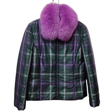 Carlisle Womens Fur Collar Plaid Silk Full Zip Jacket 10 Indie Sleeze Bratz picture