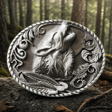Howling Wolf Oval Metal Belt Buckle Antique Silver Tone Feather Scroll Western picture