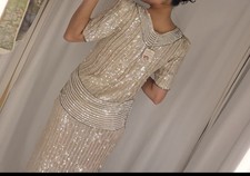 vintage 1980s Women's champagne silk sequin scocktail dress Size S picture