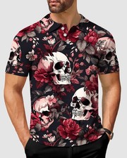 Men's Halloween floral skull Polo Shirt, Casual Polo Shirt Golf Polo Shirt picture