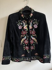 Avanti Black Suede Jacket M With Floral And Bird Embroidery Excellent Condition picture