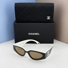 Chanel CH6056 Cat Eye Shield Sunglasses Black Beige Brown Lens Women 54mm picture